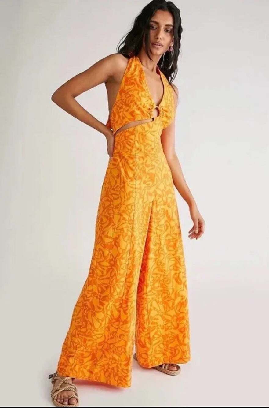 Free People Kira Orange Printed O-Ring Wide Leg Halter Jumpsuit